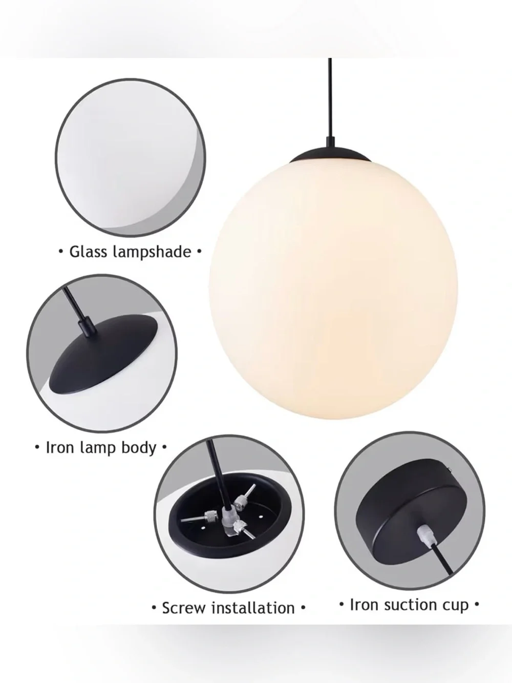 Modern Black Milk Glass Globe Pendant Light 15.7” Mid Century Adjustable